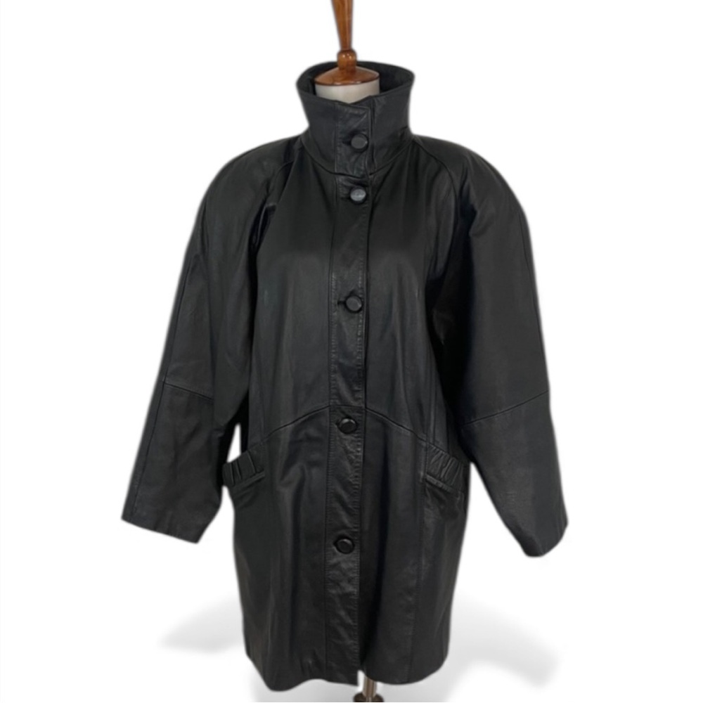 Vintage Black Leather Coat Women’s M Petite High Collar Long Raglan Sleeve Pelle